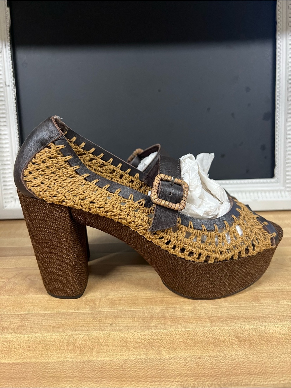 Unleashed Boho macrame chunky Mary Jane strap heels - Picture 3 of 7